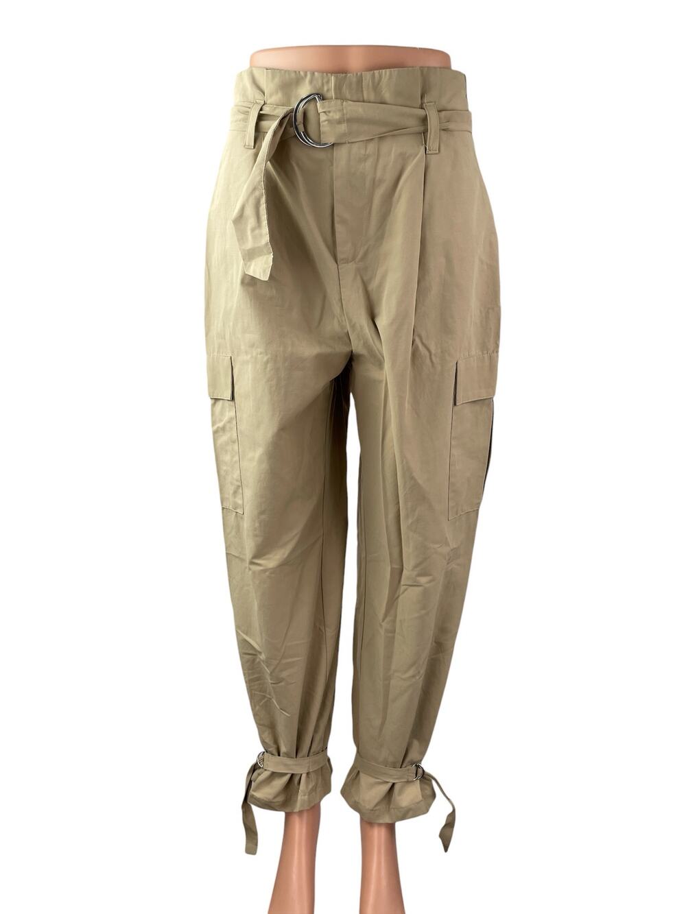 Zara Women's Beige High Rise Pleated Belted Baggy Tapered Trousers Cargo Pants S